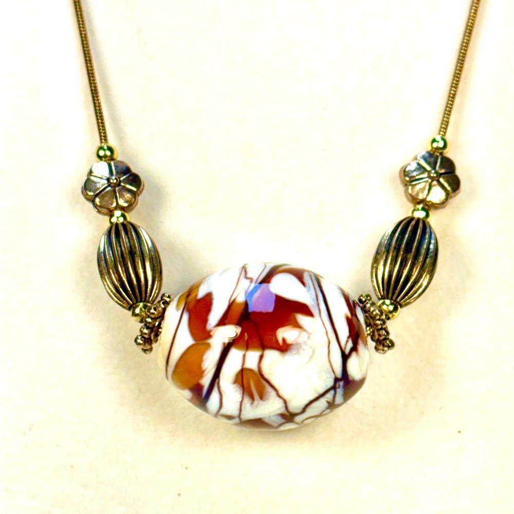 Women NWT Handcrafted Necklace Oblong Glass Bead Orange/Brown Gold Accent Beads